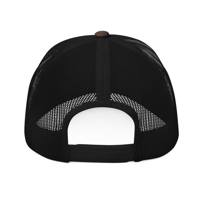 MOONSMC Vintage Badge Embroidered Camouflage Trucker Hat: rear view showing black mesh and an adjustable snap closure.