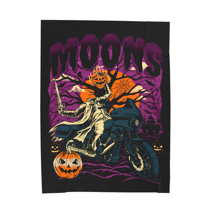MOONSMC 2024 Halloween Edition - FXLRST Headless Horsemen Graveyard Purple Velveteen Plush Blanket: blanket laid flat showing the rider and pumpkin artwork.