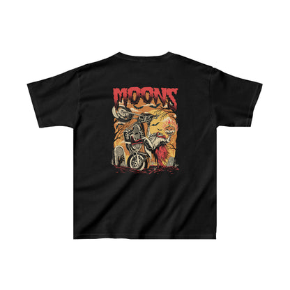MOONSMC FXR Headless Horsemen Graveyard Wheelie Kids Heavy Cotton Tee Red: black kids tee showing the large headless rider graphic.