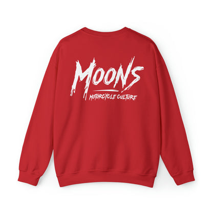MOONSMC Graffiti Type Logo Heavy Blend Crewneck Sweatshirt: red sweatshirt showing the large white graffiti-style back logo.