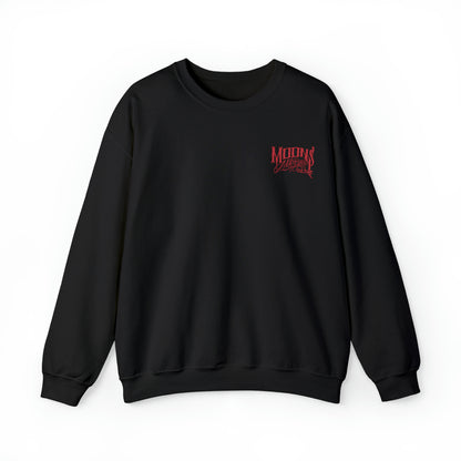 MOONSMC FXRT Sunset Heavy Blend Crewneck Sweatshirt: front of the black sweatshirt with a small red chest logo.