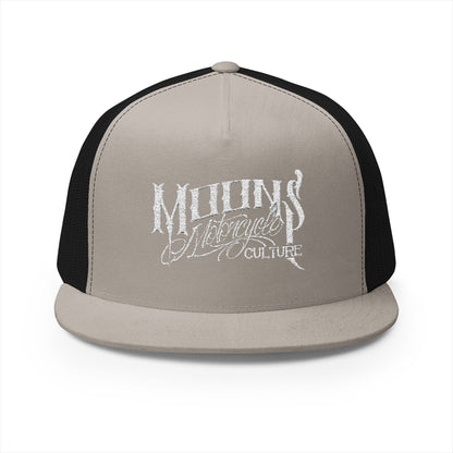 MOONSMC OG Logo White Embroidered 5 Panel Trucker Hat: front view in gray with black mesh, showing the embroidered logo.