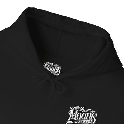 MOONSMC "The Saloon" Hooded Sweatshirt: close-up of the black hood opening, neck label and chest logo.