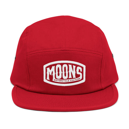 MOONSMC Vintage Badge Embroidered Logo 5 Panel Hat: front of the red five-panel cap with an embroidered badge.