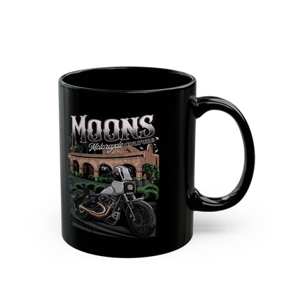 MOONSMC San Juan Capistrano - Mission Dyna Coffee Mug: black mug showing the mission and motorcycle artwork, handle on the right.