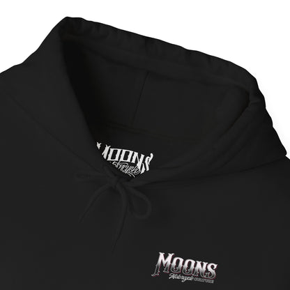 MOONSMC San Juan Capistrano - Mission Dyna Premium Pullover Hoodie: close-up of the black hood opening and printed neck label.