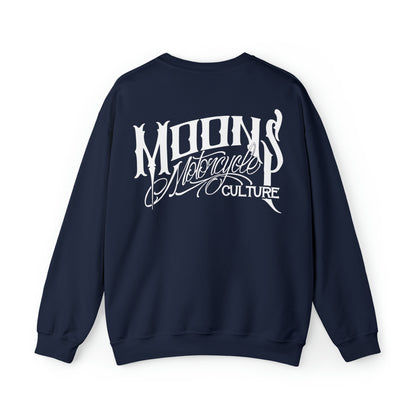 MOONSMC OG Logo Heavy Blend Crewneck Sweatshirt: navy sweatshirt showing the large white back logo.