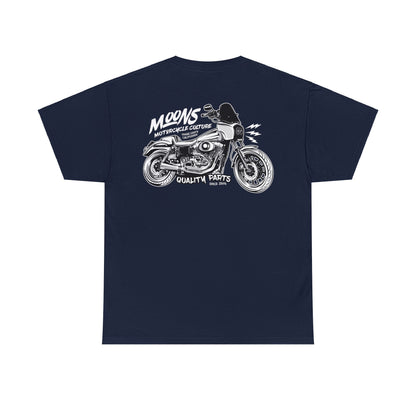 MOONSMC Dyna T-SPORT / FXDXT Heavy Cotton T-Shirt: navy tee showing the large motorcycle back graphic.