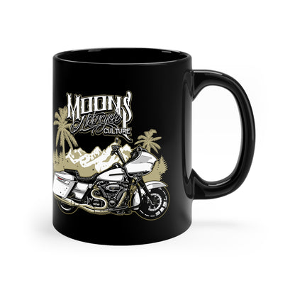 MOONSMC Road Glide Special 11oz Black Mug: black mug showing the motorcycle and palm-tree graphic, handle on the right.