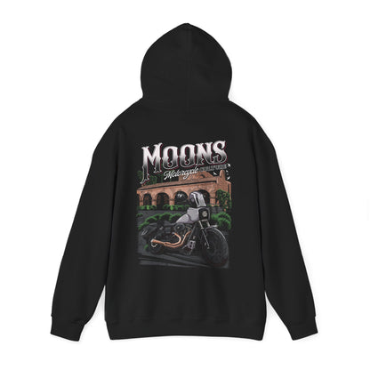 MOONSMC San Juan Capistrano - Mission Dyna Premium Pullover Hoodie: black hoodie showing the mission and motorcycle back graphic with the hood raised.