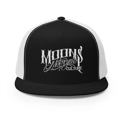 MOONSMC OG Logo White Embroidered 5 Panel Trucker Hat: front view in black with white mesh, showing the embroidered logo.