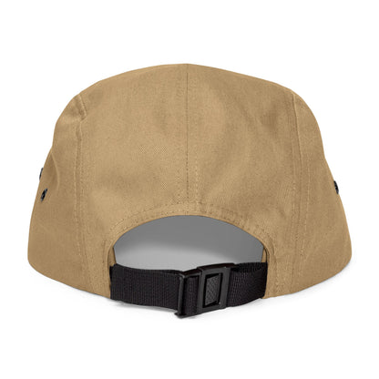 MOONSMC Vintage Badge Embroidered Logo 5 Panel Hat: rear of the tan five-panel cap showing its adjustable buckle strap.