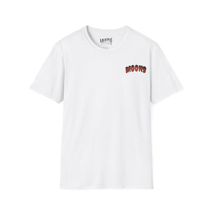 MOONSMC 2024 Halloween Edition - FXLRST Headless Horsemen Graveyard White Tee Indigo: front of the white tee with a small chest logo.