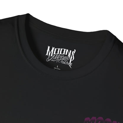 MOONSMC 2024 Halloween Edition - FXLRST Headless Horsemen Graveyard Tee Purple: close-up of the black neckline and printed neck label.