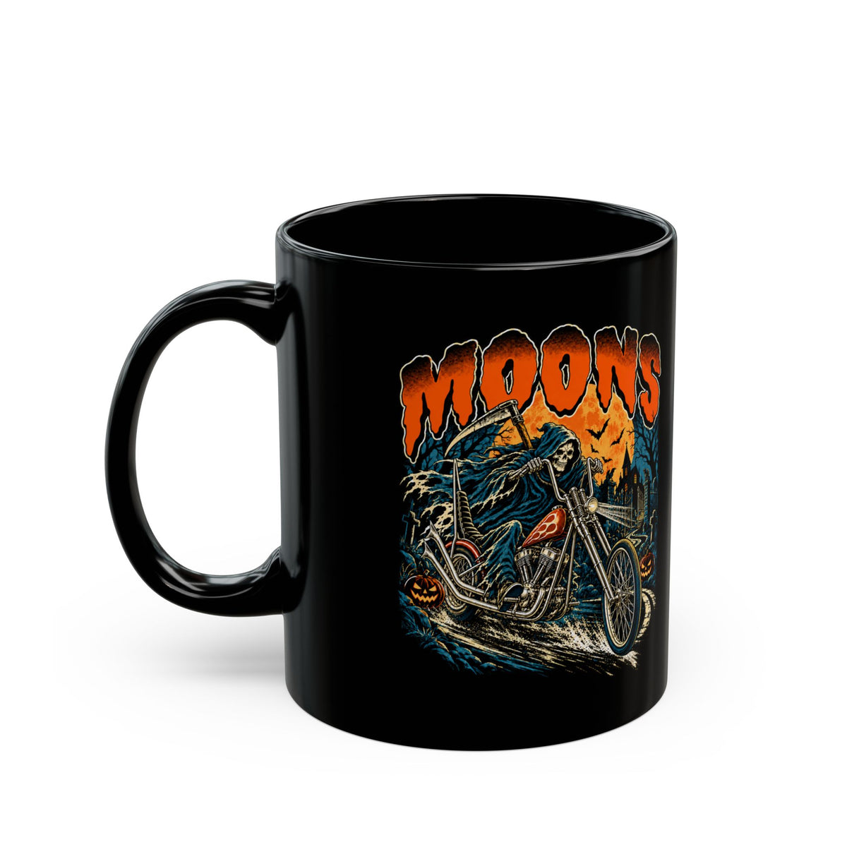 Black MOONSMC Midnight Reaper coffee mug showing the opposite printed side, handle on the left