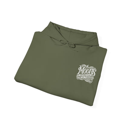 MOONSMC "The Saloon" Hooded Sweatshirt: folded olive green hoodie showing its small chest logo.