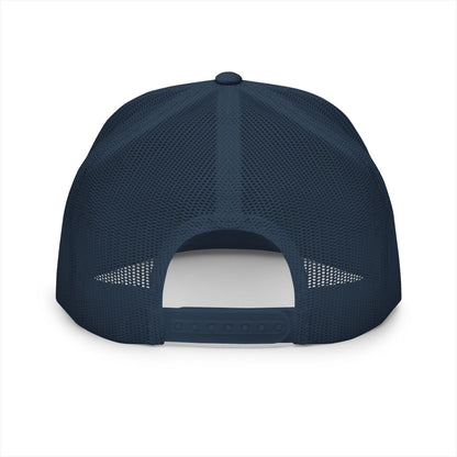 MOONSMC OG Logo White Embroidered 5 Panel Trucker Hat: rear view showing navy mesh and an adjustable snap closure.