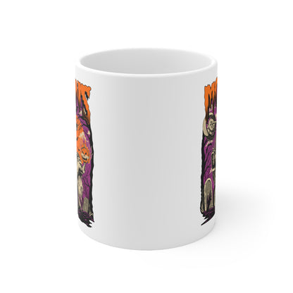 MOONSMC FXR Headless Horsemen Graveyard Wheelie Ceramic Mug 11oz Purple: white mug showing the gap between printed panels.