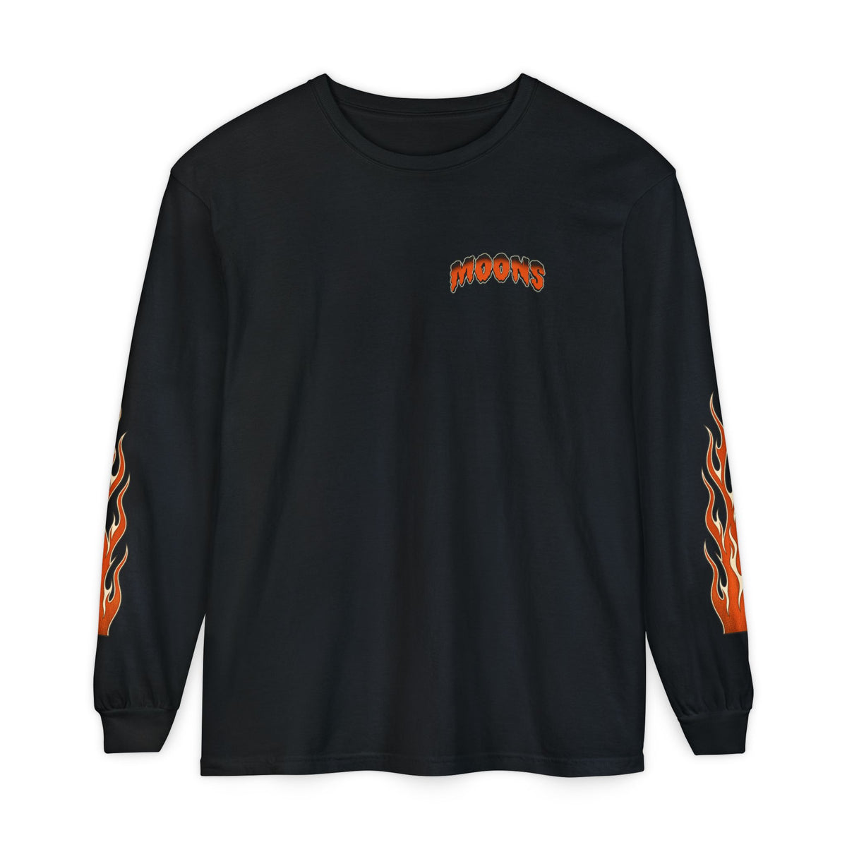 Front of black MOONSMC Midnight Reaper long sleeve tee with orange MOONS chest logo and flames on both sleeves