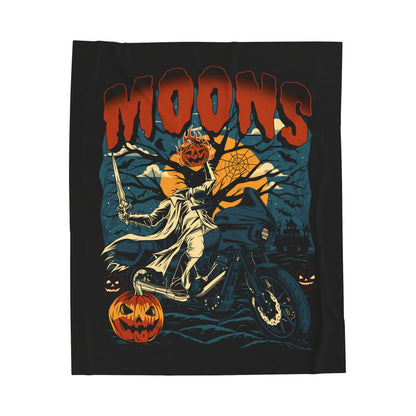 MOONSMC 2024 Halloween Edition - FXLRST Headless Horsemen Graveyard Indigo Velveteen Plush Blanket: blanket laid flat showing the rider and pumpkin artwork.