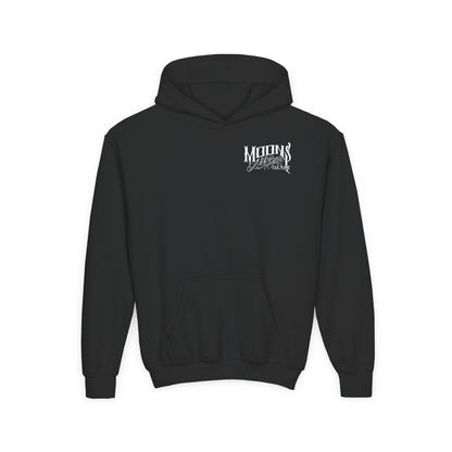 MOONSMC OG Logo Kids Hoodie: front of the black kids hoodie with a small chest logo.
