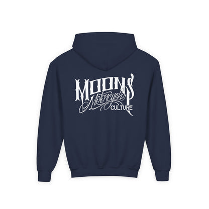 MOONSMC OG Logo Kids Hoodie: navy kids hoodie showing the large back logo.