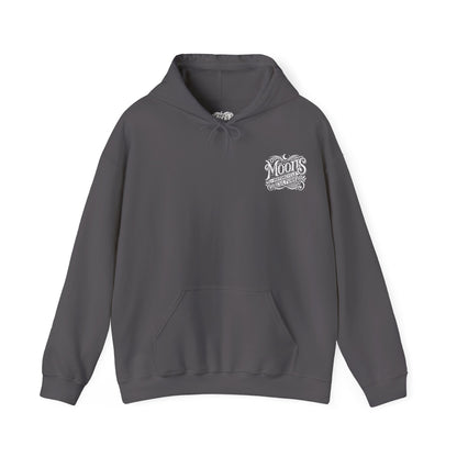 MOONSMC "The Saloon" Hooded Sweatshirt: front view in charcoal with a small chest logo.