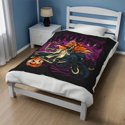 MOONSMC 2024 Halloween Edition - FXLRST Headless Horsemen Graveyard Purple Velveteen Plush Blanket: printed blanket covering a bed.