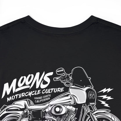 MOONSMC Dyna T-SPORT / FXDXT Heavy Cotton T-Shirt: close-up of the motorcycle back graphic on black fabric.