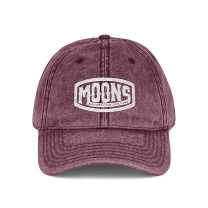 MOONSMC Vintage Badge Embroidered Stone Washed Hat: front of the burgundy washed-finish cap with an embroidered badge.