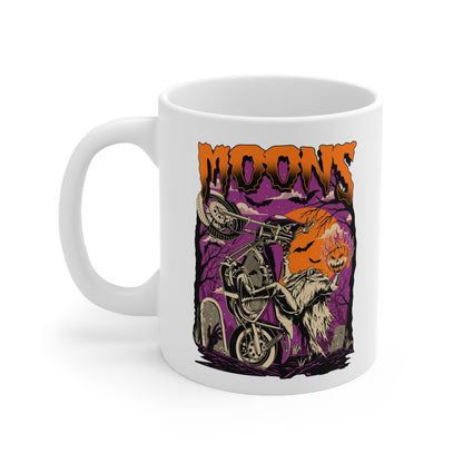 MOONSMC FXR Headless Horsemen Graveyard Wheelie Ceramic Mug 11oz Purple: white mug showing the headless rider artwork, handle on the left.