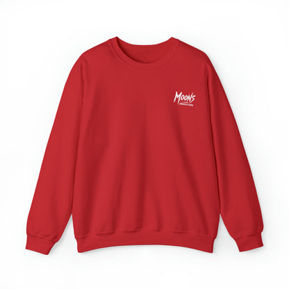 MOONSMC Graffiti Type Logo Heavy Blend Crewneck Sweatshirt: front of the red sweatshirt with a small chest logo.
