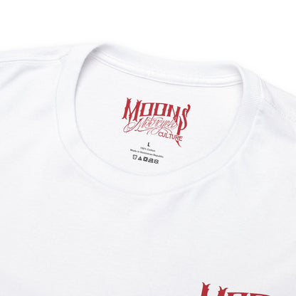 MOONSMC Dyna Wheelie Heavy Cotton T-Shirt: close-up of the white neckline and red printed neck label.