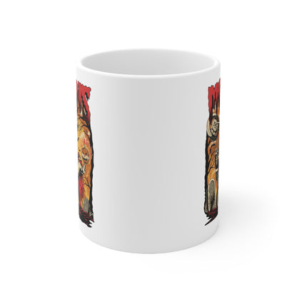 MOONSMC FXR Headless Horsemen Graveyard Wheelie Ceramic Mug 11oz Red: white mug showing the gap between printed panels.