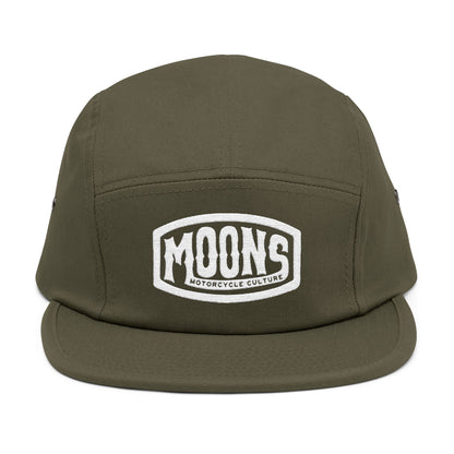 MOONSMC Vintage Badge Embroidered Logo 5 Panel Hat: front of the olive five-panel cap with an embroidered badge.