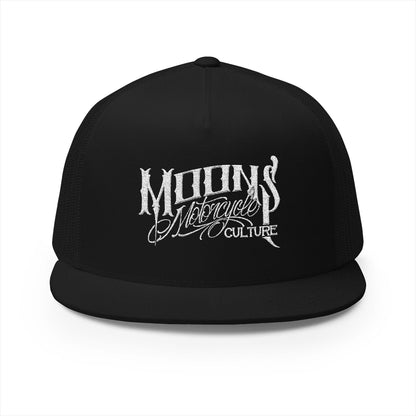 MOONSMC OG Logo White Embroidered 5 Panel Trucker Hat: front view in black, showing the embroidered logo.