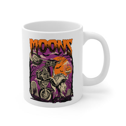 MOONSMC FXR Headless Horsemen Graveyard Wheelie Ceramic Mug 11oz Purple: white mug showing the headless rider artwork, handle on the right.
