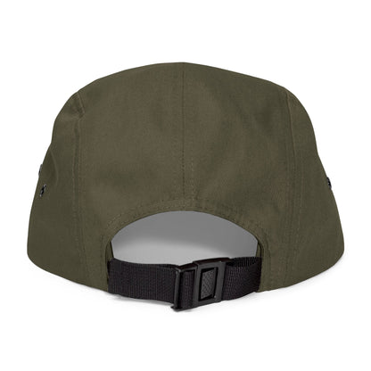 MOONSMC Vintage Badge Embroidered Logo 5 Panel Hat: rear of the olive five-panel cap showing its adjustable buckle strap.