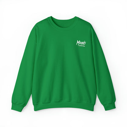 MOONSMC Graffiti Type Logo Heavy Blend Crewneck Sweatshirt: front of the green sweatshirt with a small chest logo.