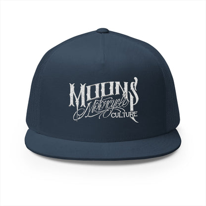 MOONSMC OG Logo White Embroidered 5 Panel Trucker Hat: front view in navy, showing the embroidered logo.
