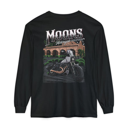 MOONSMC San Juan Capistrano - Mission Dyna Long Sleeve T-Shirt: black long-sleeve shirt showing the mission and motorcycle back graphic.