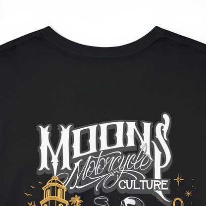 MOONSMC San Juan Capistrano T-Sport Heavy Cotton T-Shirt: close-up of the motorcycle and mission back graphic.