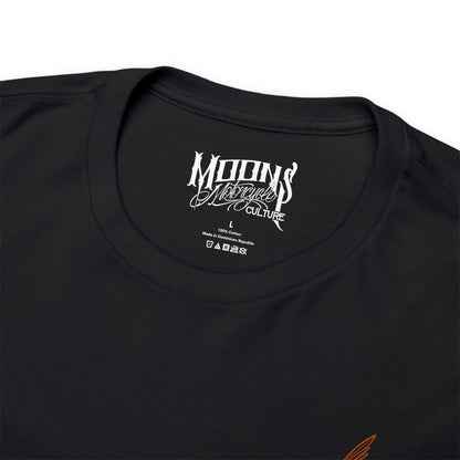 MOONSMC San Juan Capistrano Swallow Heavy Cotton Tee: close-up of the black neckline and printed neck label.