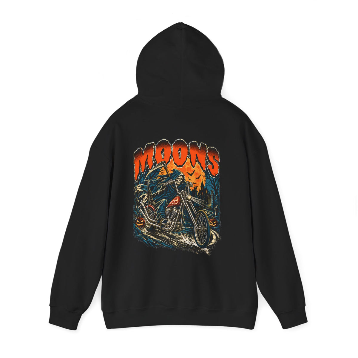 Black Midnight Reaper hoodie with hood raised, showing the reaper and chopper back graphic