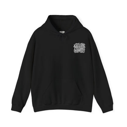 MOONSMC "The Saloon" Hooded Sweatshirt: front view in black with a small chest logo.