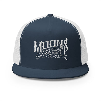 MOONSMC OG Logo White Embroidered 5 Panel Trucker Hat: front view in navy with white mesh, showing the embroidered logo.