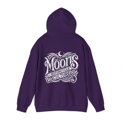 MOONSMC "The Saloon" Hooded Sweatshirt: purple hoodie showing the large back logo with the hood raised.