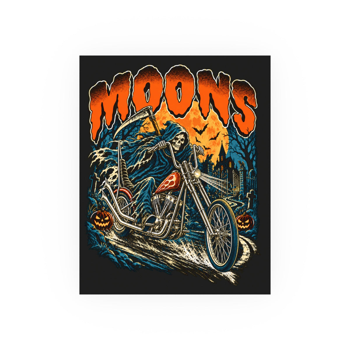 MOONSMC Midnight Reaper 8 by 10 inch art poster with reaper, chopper and orange moon on a black background