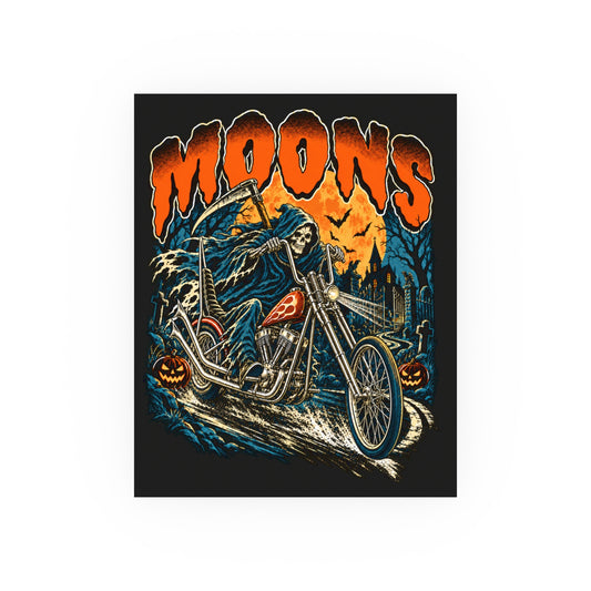 MOONSMC Midnight Reaper 8 by 10 inch art poster with reaper, chopper and orange moon on a black background