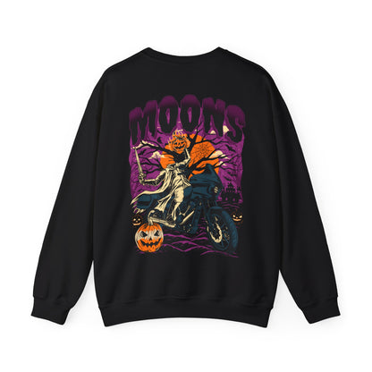 MOONSMC 2024 Halloween Edition - FXLRST Headless Horsemen Graveyard Sweatshirt Purple: black sweatshirt showing the large rider and pumpkin back graphic.